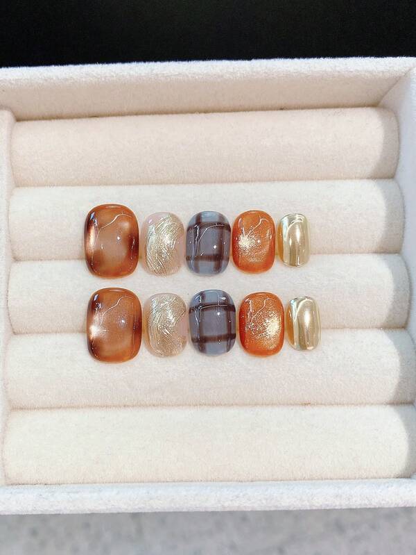 10pcs Handmade Wearable Nails. Korean Amber Tie Dye Gilded Checkerboard Short Press-On Nails With 2pcs Jelly Gel And 1pc Nail File, Suitable For Women's Party, Dance, Casual Daily Wear, Reusable