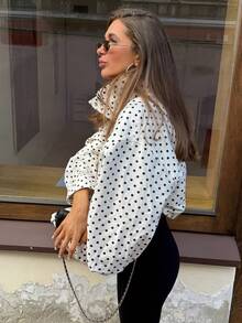 MUMRAP Women Casual Polka Dot Long Sleeve Loose Jacket Autumn Fashion Stand Collar Zipper Coat - trắng - Xem 3