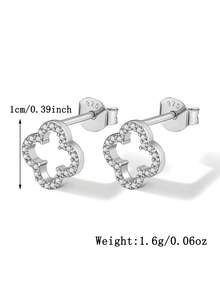 1 Pair Fashionable, Elegant, Minimalist Shiny S925 Sterling Silver Hollow Clover Cubic Zirconia Earrings, Suitable For Women Anniversary Wear - Silver - View 8