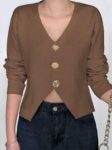 Top vintage pentru femei, culoare solidă, cu decolteu în V, asimetric, cu nasturi metalici, mânecă lungă, pulover elegant la modă, cu tiv despicat, casual, toamnă/iarnă - Maro - Vizualizare 2