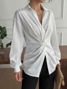 女士纯色落肩长袖扭结前襟衬衫