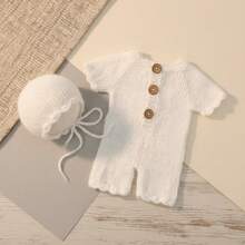 2pcs Newborn Photography Outfits Soft Knitted Baby Romper With Hat Newborn Photography Props Shorts And Cap Set Boy Girl Bodysuit Shooting Romper Baby Shower Gift - Nhiều màu - Xem 10