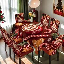 1/4/5/6/7/36 pièces Tasse rouge de Noël avec motif flocon de neige, remplie de boisson chaude et de guimauve, entourée de canne en bonbon, bonhomme en pain d'épices, cadeau de Noël, ensemble de housse de chaise imprimée de branche de pin, convient pour la maison, le restaurant, l'hôtel, idéal pour la décoration quotidienne moderne. Nappe carrée, housse de chaise élastique lavable.
