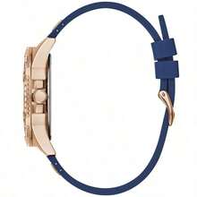 Guess Frontier W1160L1 Lady's Casual Luxury Silicone Strap Quartz Watch Gold Tone Round Dial With Crystal Day / Date Calendar Fashion Wrist Watch For Women Suitable For Daily Dinner Dating Wear Birthday Gift For Girlfriend