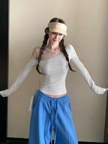 女式条纹露肩长袖修身上衣 - 淺灰色 - 查看 3