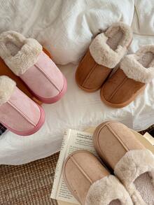 Damskie, jednokolorowe, swobodne, pluszowe kapcie wsuwane z futerkowym wykończeniem, wygodne, domowe ubranie na jesień/zimę