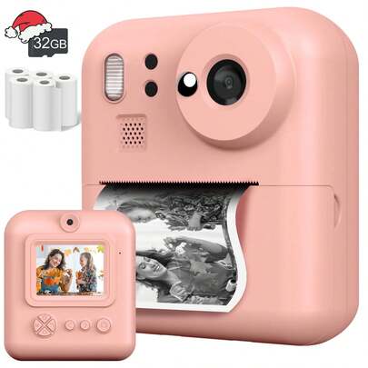 Compact Instant Camera For Children, 1080p HD Display, Includes Three Rolls Of Photo Paper, USB Charging, Digital Photography And Video Recording, 1300mAh Battery, Two Print Modes, 8x Zoom, Ideal For Halloween, Thanksgiving, Christmas, New Year Gifts, Pink And Blue Options, Adorable Camera