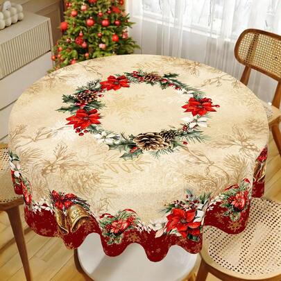 1 块圣诞桌布，2 种尺寸可选，复古圣诞一品红和铃铛图案桌布，涤纶圣诞圆形和矩形桌布，耐用桌布，圣诞派对装饰，适用于家庭厨房餐桌装饰，2025 年圣诞装饰，圣诞礼物