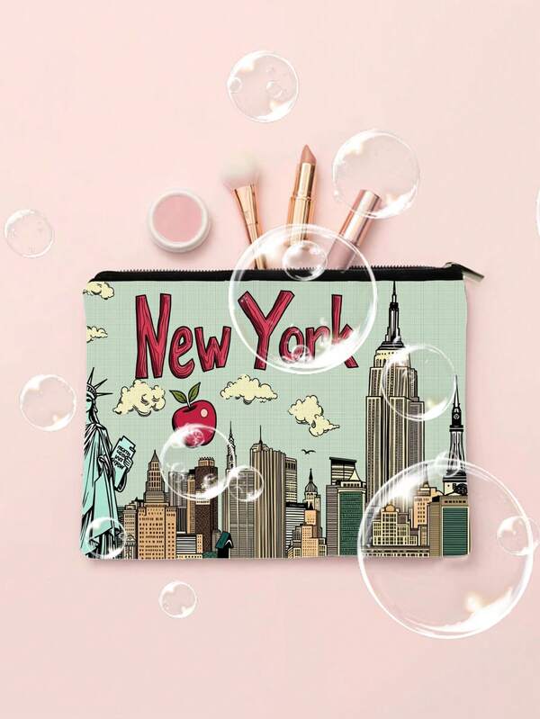 1pc Pop Art New York Skyline Makeup Bag - Statue Of Liberty And Empire State Building Design, Durable Polyester Cosmetic Pouch, Unisex Travel Toiletry Organizer, Gift For New York Enthusiasts, Makeup Bag, Makeup Bags, Cosmetic Bag, Makeup Organiser, Travel, Makeup Pouch, Vanity Accessories, Small Makeup Bag, Makeup Pouch, Cosmetic Bag, Large Makeup Bag, Christmas Gifts, Pouch, Travel, Pouch, Clutch / Small Handbag, Makeup Organizer, Pouch, Brush Holder, Mini Pouch, Large Capacity Pouch