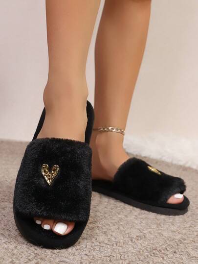 Women's Minimalist Fashion Heart Decor Fluffy Open Toe House Slippers, Comfortable Plush Slip-On Slippers For Indoor/Bedroom/Living Room, Suitable For Autumn/Winter