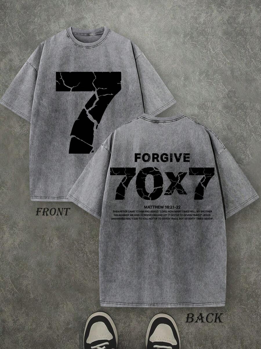 Forgive 70x7 Christian Shirt, Christian Scripture T-Shirt, Vintage Retro Washed Shirt Double Sided Printed (230 Heavyweight Pure Cotton T-Shirt)  High Quality Christian T-Shirt, Christian Gifts, Men's And Women's Shirts, Comfortable, Fashion Christian Shirt, Street Style Pure Cotton Fall Shirt - 灰色 - 查看 1