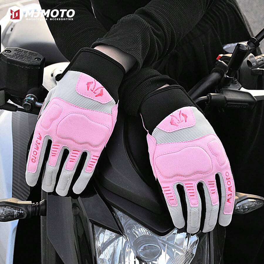 MJMOTO Găng tay lái xe máy nữ mùa hè, găng tay kín ngón, găng tay xe mô tô màu hồng, thiết bị xe mô tô địa hình có màn hình cảm ứng, cỡ S-XL.