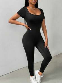 Mono deportivo de manga corta con cuello cuadrado para mujer de unicolor, de corte ceñido de moda - Negro - Ver 8