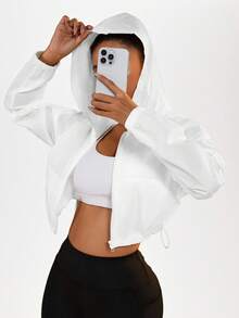 SHEIN Sports 拉链连帽防晒夹克，可调节下摆抽绳轻便夹克 - 白色 - 查看 2