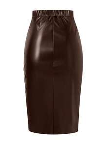 EARO 女士金色链条装饰 PU 皮革半身裙，修身剪裁，成熟干练的职场风格，日常通勤皆宜，凸显腰臀曲线，适合万圣节、秋冬季节、教师节等场合，百搭实用。 - 深咖色 - 查看 2