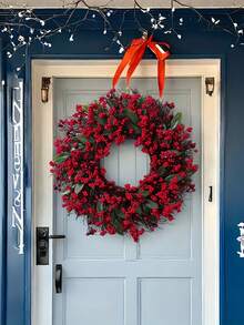 1 Stück Künstlicher Weihnachtskranz mit roten Beeren für Haustür, Winterkranz mit roten Beeren für Innen- und Außenbereich, Weihnachts- und Winterdekoration, Fröhliche Weihnachten