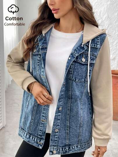 Damen süßer Denim-Patchwork Kapuzenpullover mit Langarm, Frühling/Herbst