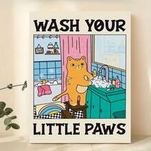 1 cartellone murale in tela, Lava le tue zampine, cartellone con uno stile artistico unico che raffigura un gatto vicino al lavandino, adatto per la decorazione artistica in camere da letto, soggiorni o appartamenti. Include regali di murali senza cornice o con cornice, estetica per la decorazione della stanza, decorazione della parete, decorazione vintage della stanza e raffinata decorazione della parete.