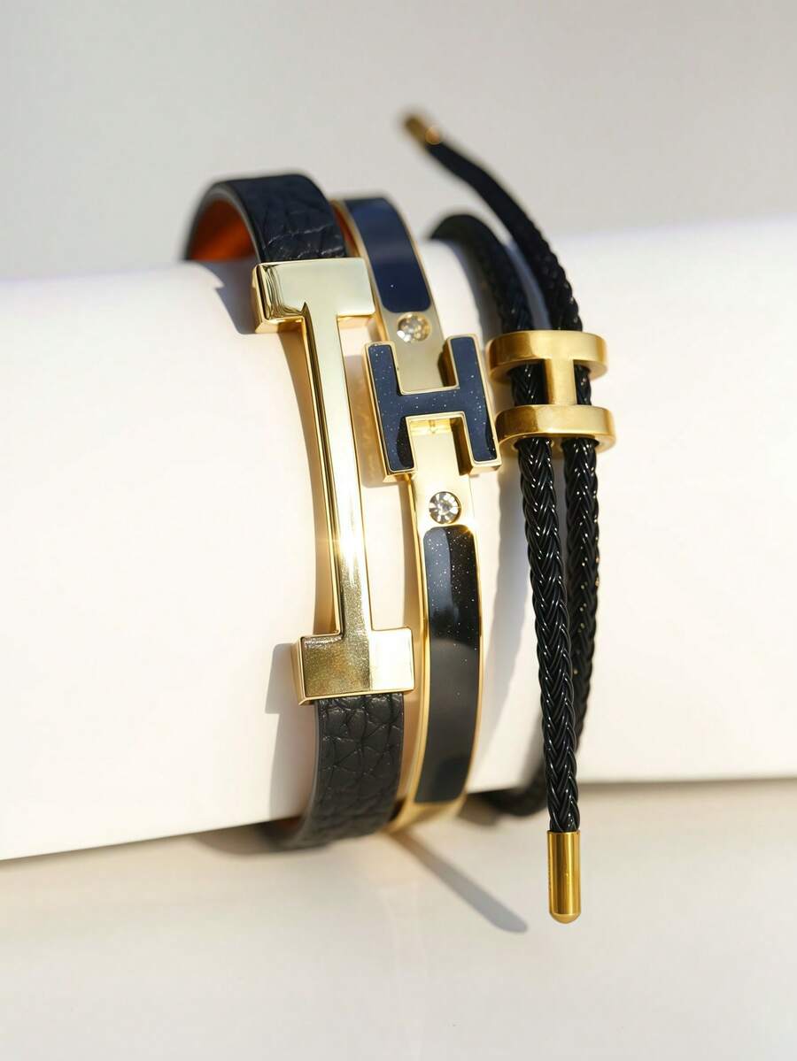 3 件时尚别致的金色字母皮革手链，送给女朋友的礼物 - 3pcs-黑色 - 查看 1