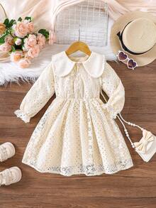 4-7 Years Old Girls Autumn Lace Long Sleeve Collared Waisted Princess Dress