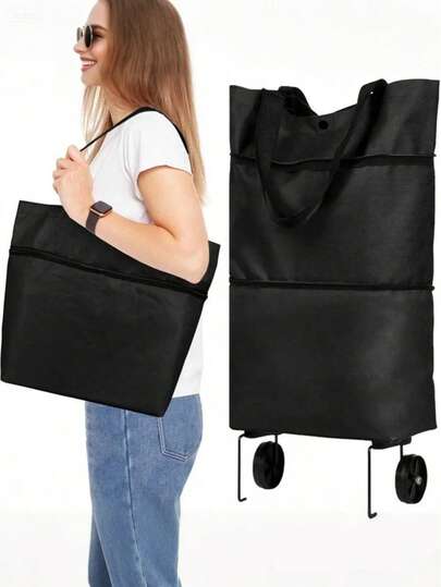 1Pc Portable Multifunctional Foldable Portable Shopping Cart With Wheel And Detachable Supermarket Travel Daily Storage Bag Oxford Cloth Hand Pull Cart ﻿ ﻿