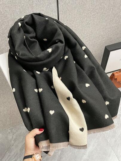 1 pieza Bufanda de mujer de cachemira sintética con patrón de corazón de jacquard de doble cara, elegante bufanda de oficina, versátil y de moda para aire acondicionado, bufanda gruesa y cálida adecuada para uso diario, ir y venir, al aire libre, fotografía, decoración de vacaciones