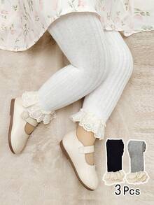 3入組女童可愛蕾絲邊七分褲襪，適合日常穿著 - 彩色 - 查看 9