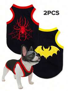 LUCKIE LABO 2pcs/Set Polyester Spider & Bat Print Anti-Flea Anti-Shedding Breathable Pet Vest Jacket, Suitable For Cats And Dogs Indoor And Outdoor Use