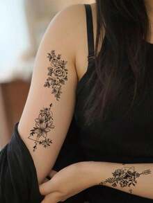 30 Creative Temporary Tattoo Stickers, Including Butterflies, Flowers, Foxes, Dolphins, Jellyfish, Wings, Feathers, Etc., Suitable For Both Men And Women, Realistic And Waterproof, Suitable For Arms, Face, Fingers, Neck, And Any Place You Want, - 黑色 - 查看 6