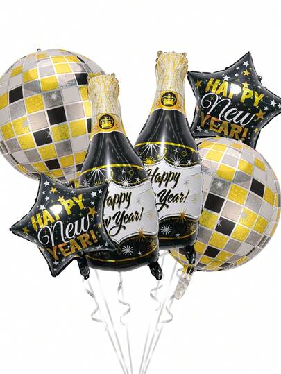 kumozawa 6 件新年装饰铝箔气球、黑色和金色新年酒瓶、迪斯科球、新年快乐星形气球、新年派对装饰