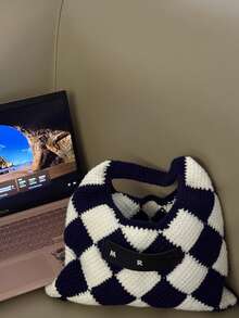 New For Fall/Winter 2025: Women's Knit Crossbody Bag/Handbag With A Simple Contrast Check Pattern. Perfect For Work Or Outings.