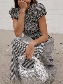 Women's Summer Dresses, Plaid Print Round Neck Short Sleeve Midi Dress For Casual Dailly Street Wear - 黑色 - 查看 3