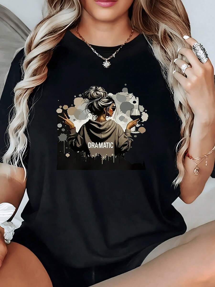Playera para Mujer 1 unidad de Camisa de T 100% algodón para Mujer Diseño Exclusivo Mujer con Actitud Dramática y Vino Camisa de T con Estampado Digital 220 Gramos Versátil, Cómoda, Estilo Urbano y Moderno - Negro - Ver 1