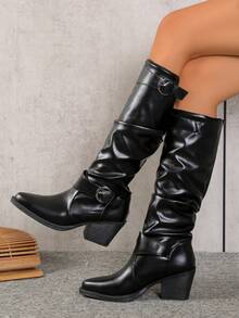 Women's Black Fashion Mid-Calf Boots, Single-Lined, Spring/Autumn Dress Boots, New Buckle Design, European & American Niche, Thick Heel, Thick Sole, Lightweight, Western Ruched, Autumn/Winter Retro Motorcycle Boots, Slimming Riding Boots