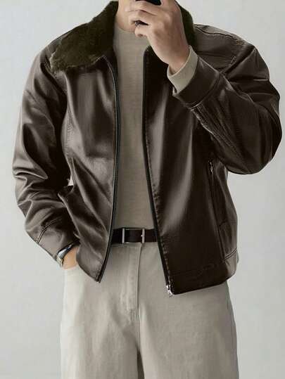 男士保暖摩托车夹克，简约百搭防水加厚领皮夹克，秋冬季，抓绒内衬夹克