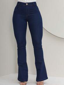 Women's Flare Jeans, High Waist, Bell Bottom - 藏蓝色 - 查看 6