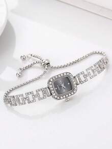 1pc Ladies' Business Elegant Gold Square Case Rhinestone Scale Dial Rectangular Inlay Diamond Adjustable Bracelet Quartz Watch, Hip Hop Style - Black - View 4