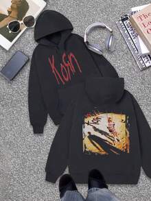 Pop Music Style - Autumn/Winter Thin Fleece Hoodie - Korn Graffiti Print Sweatshirt For Teens - Perfect Long Sleeve Halloween Gift, Christmas Gift, Birthday Gift, And Couple Hoodie - 黑色 - 查看 1