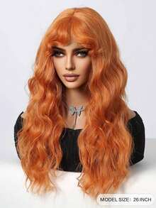 26英寸脏橙色长卷发假发，浪漫美丽的合成发假发和刘海假发，适合日常生活和派对。万圣节假发 - 橘色 - 查看 5