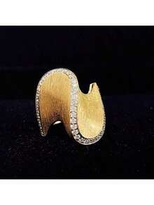 Nhẫn thời trang cổ điển mạ vàng 18K gợn sóng Micro Pave Zirconia có thể điều chỉnh dành cho nữ - Vàng - Xem 6