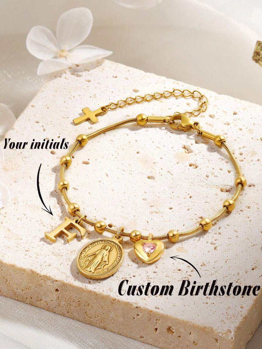 1pc Virgin Mary Bracelet, Catholic Gift, Gold Plated, Delicate Bracelet, Religious Catholic Accessory, Christian Gift - Multicolor - View 1