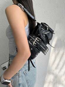 Y2K 复古朋克风格铆钉装饰手提包，女士单肩斜挎包，时尚机车包，适合街头风格搭配、主题派对、夜总会、文化社交活动 - 黑色 - 查看 4