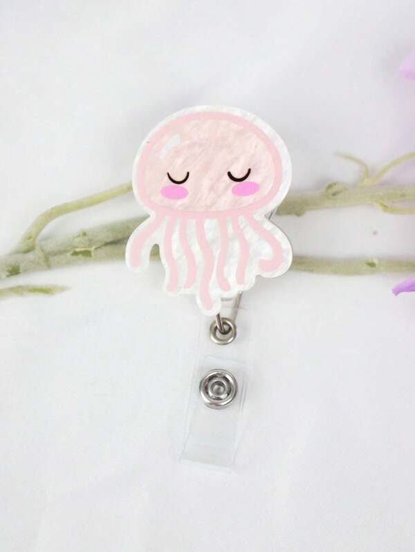 1PC Cute Ocean Series Pink Jellyfish Retractable Acrylic Badge Reel ID Badge Holders For For Nurses Doctors & Medical Staff