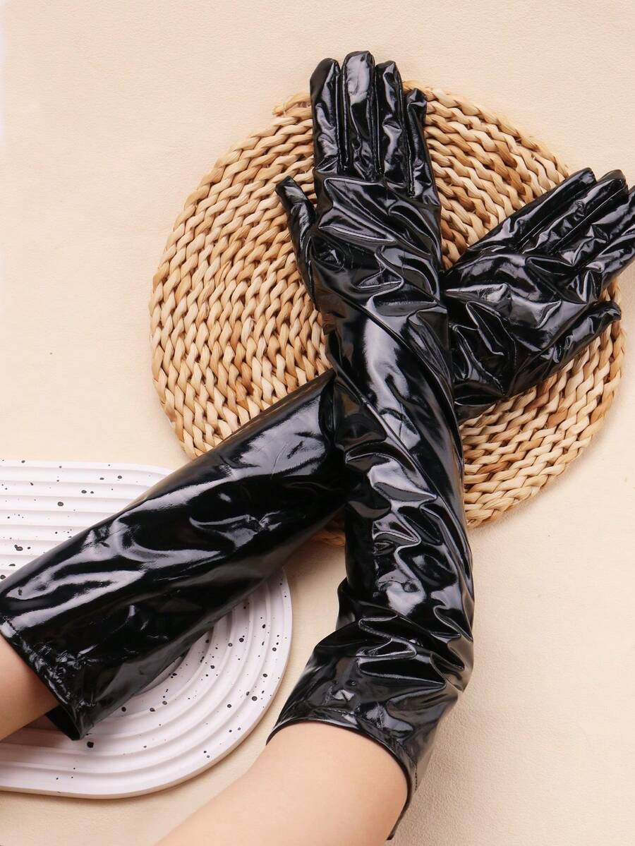 1 Pair Mirrored Patent Leather Dark Nightclub Style Long Gloves For Women, Tight Coated Stretch