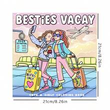 1 Stück (21cm*21cm) Neues Malbuch für Erwachsene, dickeres Papier ist deckend, mit klaren Linien und einfach zum Ausmalen, geeignet für Treffen mit besten Freunden, Musterszene von zwei Mädchen-Besten-Freundinnen, die um die Welt reisen "BETIES VACAY" Malbuch zum Selbstausmalen, um das Denken zu entwickeln, Herbst, Schreibwaren, Schulmaterial, Zeichnen & Malen, Weihnachten