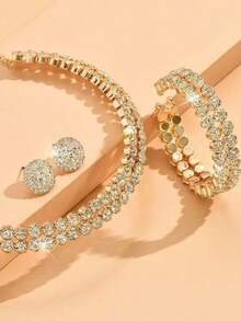 3 件套奢华新娘婚礼项链、手链、耳环套装、全水钻装饰颈链、多层项链、新娘配饰