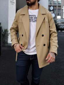 Abrigo largo de manga larga para hombre, abrigo casual de negocios de corte slim en color camello con cinturón, para otoño