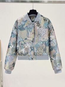 Chaqueta bomber con bordado jacquard de flores y pájaros | Chaqueta casual de corte holgado con estampado retro todo sobre todo de animales con cremallera para vacaciones