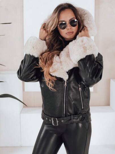 Giacca invernale da motociclista da donna  e pelliccia sintetica. Questo caldo bomber con cappuccio è dotato di cintura regolabile e pratiche tasche. È un capo esterno elegante per la stagione fredda. Il design elegante unisce stile e comfort invernale.