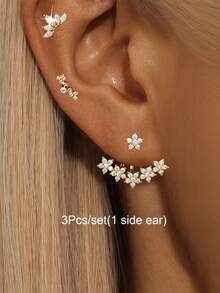 Set de 3 piezas (para 1 oreja) de aretes para mujeres con baño de oro y circonita, aretes de aro y pendientes para mujer, accesorios de joyería para fiesta - 3 unids/set - Ver 10